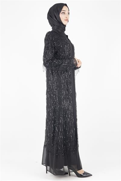Büyük Beden Püsküllü AbayaTakım Siyah OTW5205