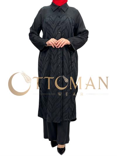 Büyük Beden Qupra Kumaş Uzun Gömlek Siyah OTW43407