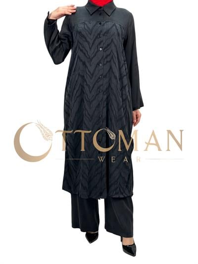 Büyük Beden Qupra Kumaş Uzun Gömlek Siyah OTW43407