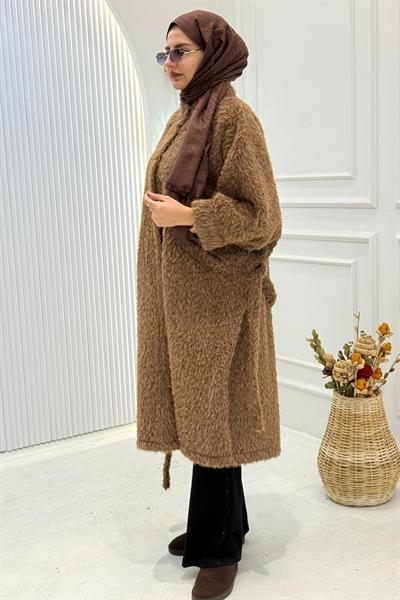 Büyük Beden Rahat Kalıp Kuşaklı Kaban Açık Kahve OTW9335