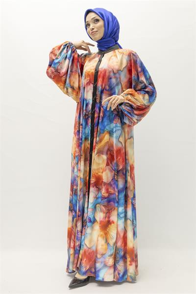 Büyük Beden Renkli Çiçek Desenli Elbise Mavi-Desenli OTW452