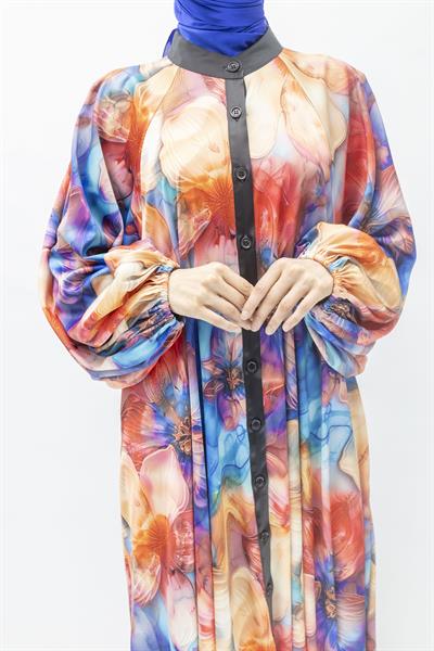 Büyük Beden Renkli Çiçek Desenli Elbise Mavi-Desenli OTW452