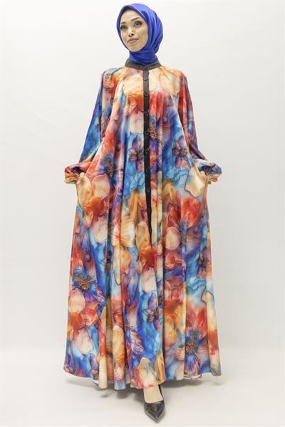 Büyük Beden Renkli Çiçek Desenli Elbise Mavi-Desenli OTW452