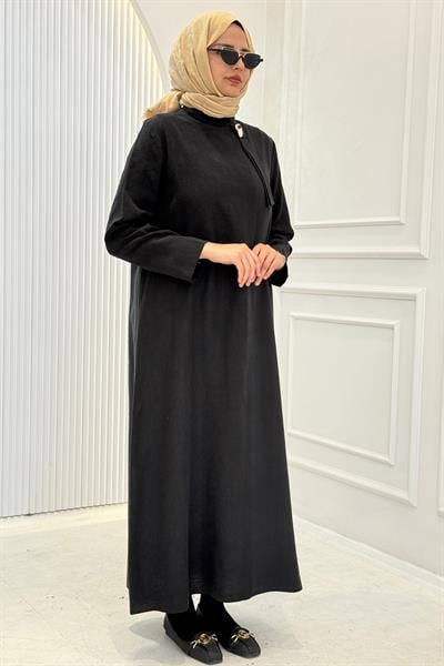 Büyük Beden Sade Şık Uzun Tesettür Elbise Siyah OTW4932
