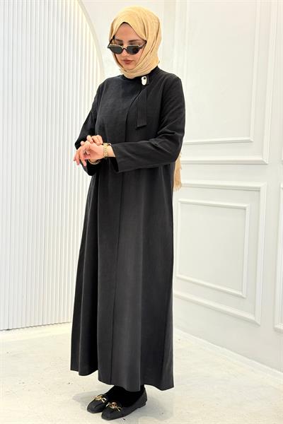 Büyük Beden Sade Şık Uzun Tesettür Elbise Siyah OTW4932