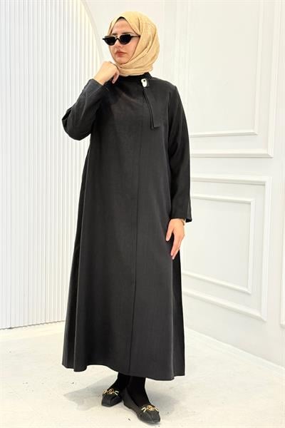 Büyük Beden Sade Şık Uzun Tesettür Elbise Siyah OTW4932