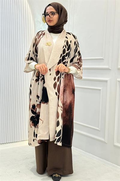 Büyük Beden Şal Yaka Desenli Kimono Kap Desenli OTW6038