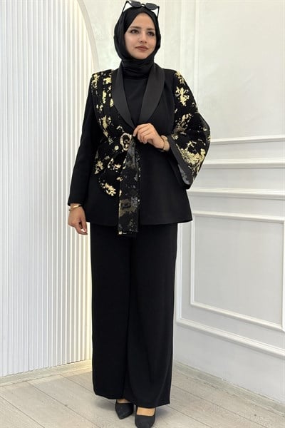 Büyük Beden Şal Yaka Kemerli Takım Siyah OTW46921