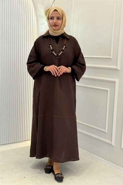 Büyük Beden Salaş Kesim Keten Elbise Kahve OTW3545