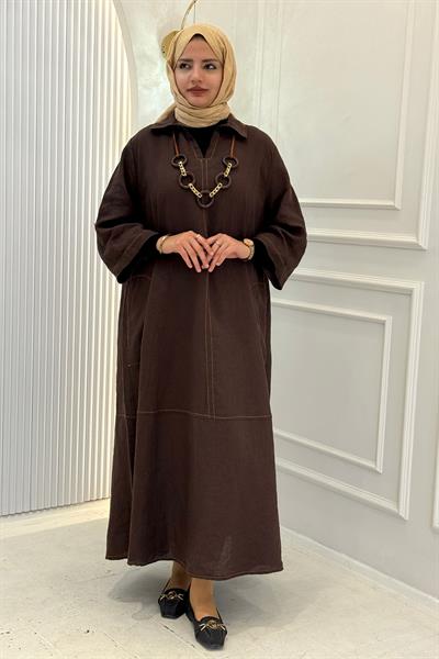 Büyük Beden Salaş Kesim Keten Elbise Kahve OTW3545