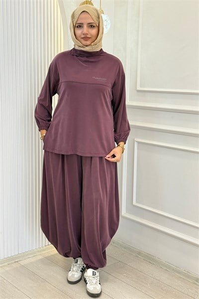 Büyük Beden Salaş Tunik Şalvar Pantolon Takım Mürdüm OTW3764