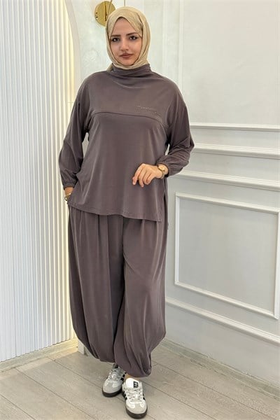 Büyük Beden Salaş Tunik Şalvar Pantolon Takım Acı Kahve OTW3764