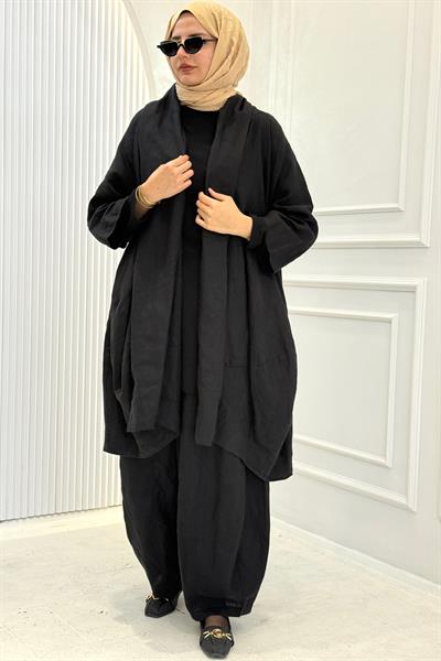 Büyük Beden Şalvar Pantolonlu Salaş Tesettür Takım Siyah OTW9713