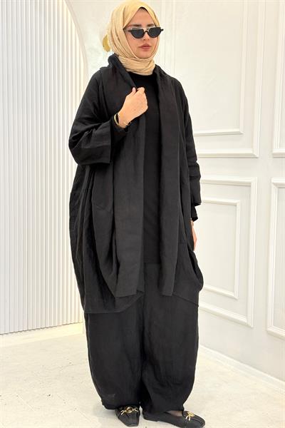Büyük Beden Şalvar Pantolonlu Salaş Tesettür Takım Siyah OTW9713