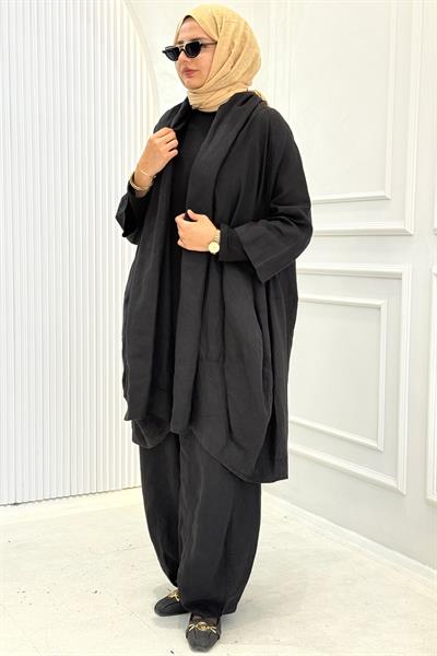 Büyük Beden Şalvar Pantolonlu Salaş Tesettür Takım Siyah OTW9713