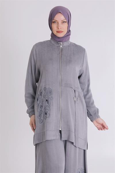 Büyük Beden Şalvarlı Takım Gri OTW35123
