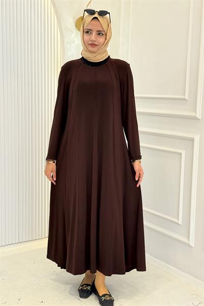 Büyük Beden Sandy Kumaş Elbise Kahve OTW1338