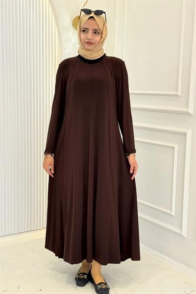 Büyük Beden Sandy Kumaş Elbise Kahve OTW1338