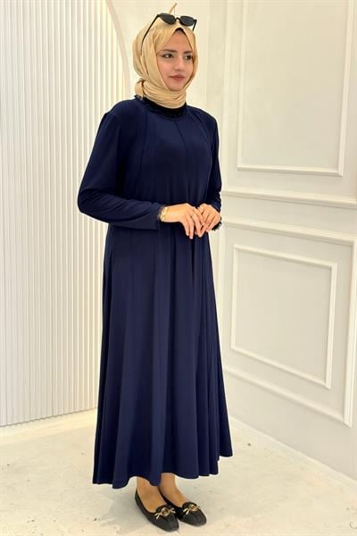Büyük Beden Sandy Kumaş Elbise Lacivert OTW1338