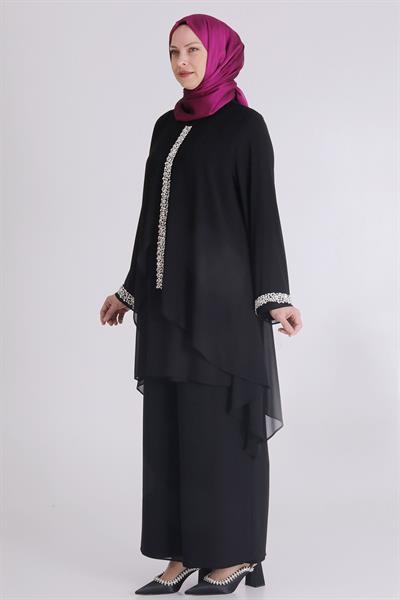 Büyük Beden Sandy Şifon Abiye Takım Siyah OTW60025
