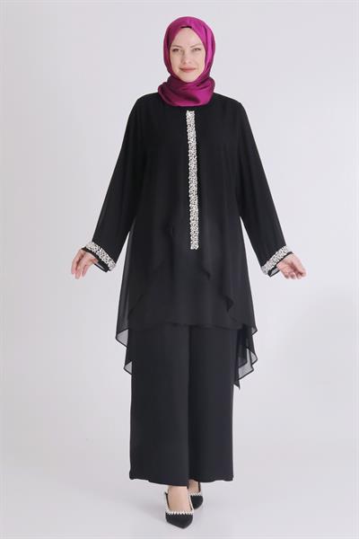 Büyük Beden Sandy Şifon Abiye Takım Siyah OTW60025