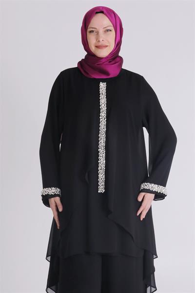 Büyük Beden Sandy Şifon Abiye Takım Siyah OTW60025