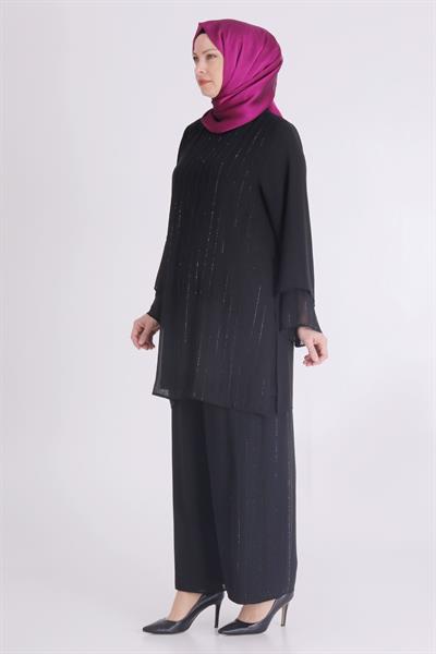 Büyük Beden Sandy Şifon Pantolonlu Takım Siyah OTW60024