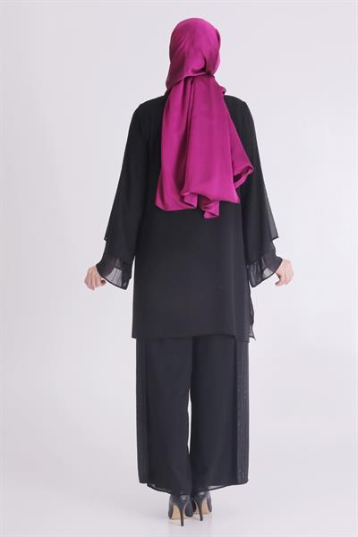 Büyük Beden Sandy Şifon Pantolonlu Takım Siyah OTW60024