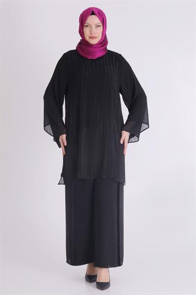 Büyük Beden Sandy Şifon Pantolonlu Takım Siyah OTW60024