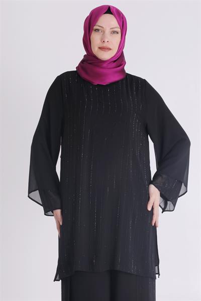 Büyük Beden Sandy Şifon Pantolonlu Takım Siyah OTW60024