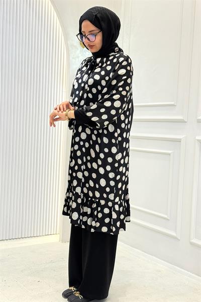 Büyük Beden Saten Puantiyeli Tunik Siyah OTW5013