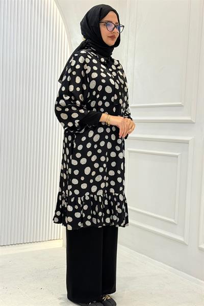 Büyük Beden Saten Puantiyeli Tunik Siyah OTW5013