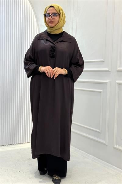 Büyük Beden Saten Tunik Elbise Kahve OTW2804-7