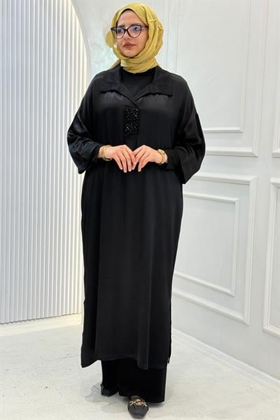 Büyük Beden Saten Tunik Elbise Siyah OTW2804