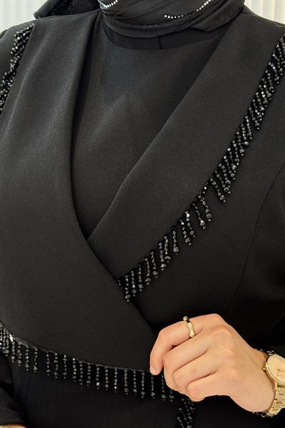 Büyük Beden Şifon Detaylı Krep Tesettür Abiye Siyah OTW4889