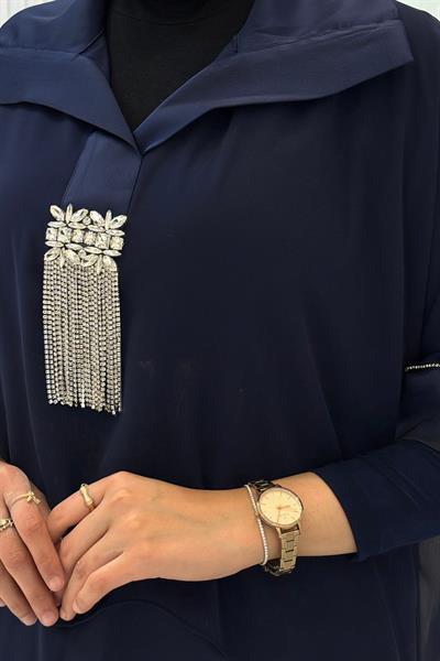 Büyük Beden Şifon Detaylı Pantolonlu Takım Saks OTW46843