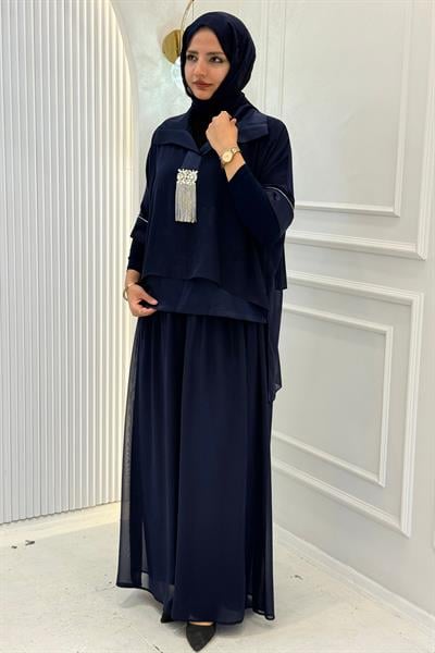 Büyük Beden Şifon Detaylı Pantolonlu Takım Saks OTW46843