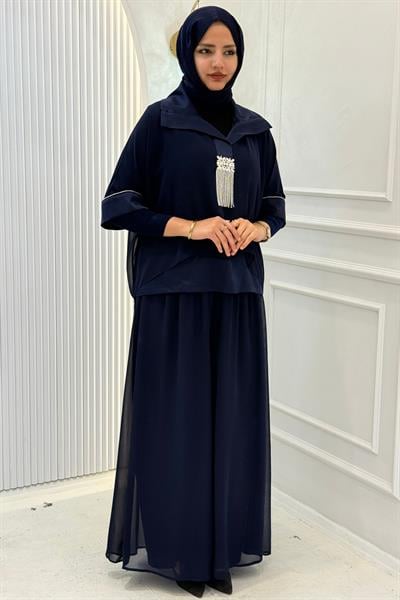 Büyük Beden Şifon Detaylı Pantolonlu Takım Saks OTW46843