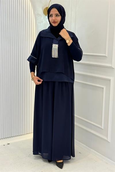Büyük Beden Şifon Detaylı Pantolonlu Takım Saks OTW46843