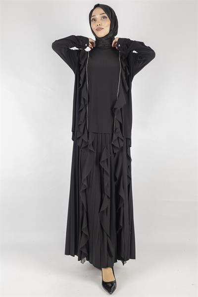 Büyük Beden Şifon Detaylı Sandy Kumaş Etekli Takım Siyah OTW1049