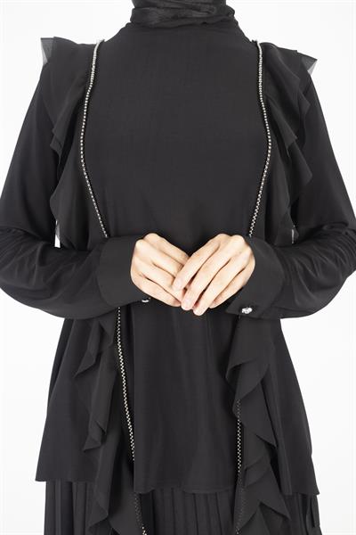 Büyük Beden Şifon Detaylı Sandy Kumaş Etekli Takım Siyah OTW1049