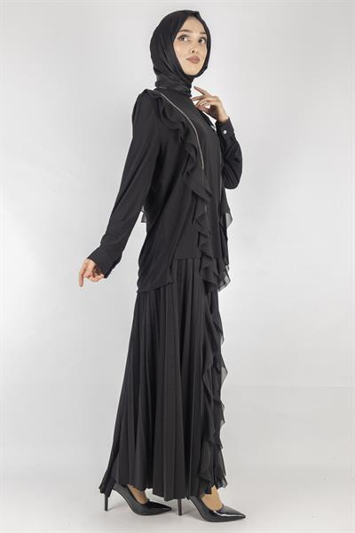 Büyük Beden Şifon Detaylı Sandy Kumaş Etekli Takım Siyah OTW1049