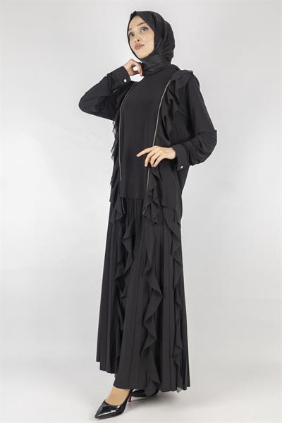 Büyük Beden Şifon Detaylı Sandy Kumaş Etekli Takım Siyah OTW1049