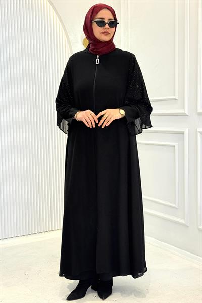 Büyük Beden Şifon Taşlı Ferace Siyah OTW550