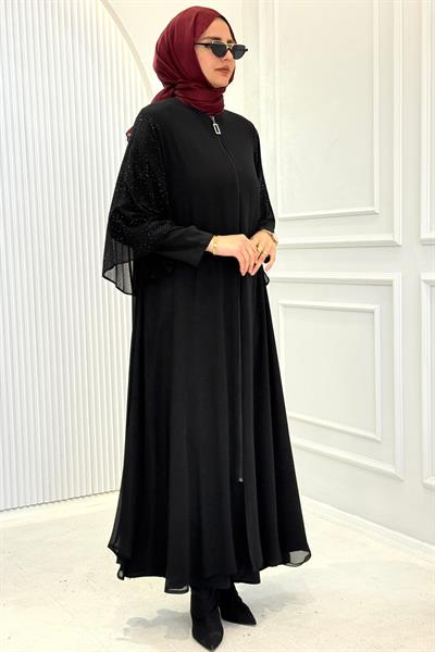 Büyük Beden Şifon Taşlı Ferace Siyah OTW550
