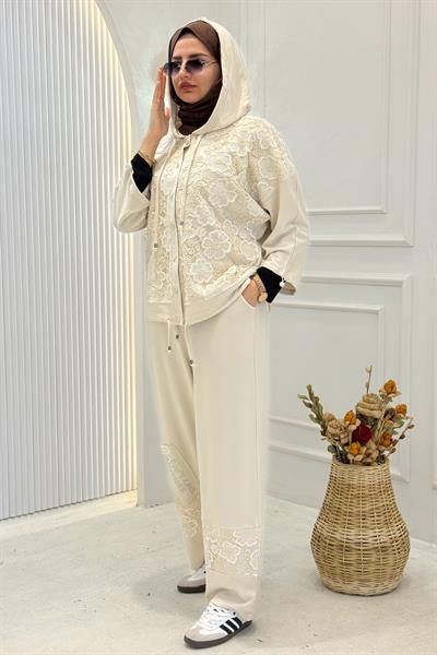 Büyük Beden Şık Dantelli Pantolonlu Takım Bej OTW9914