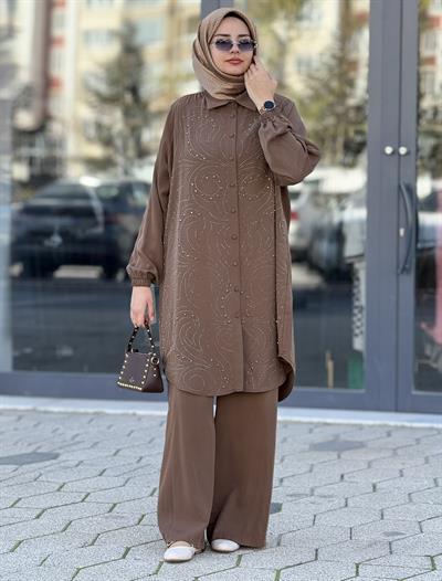 Büyük Beden Şık Tensel Tesettür Takım Kahve OTW45838