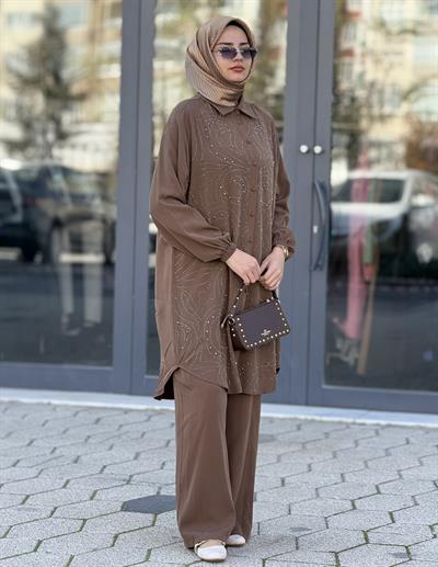 Büyük Beden Şık Tensel Tesettür Takım Kahve OTW45838