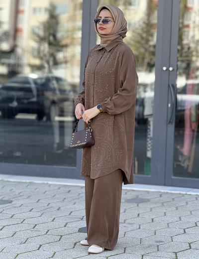 Büyük Beden Şık Tensel Tesettür Takım Kahve OTW45838