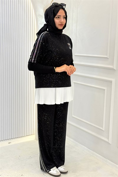 Büyük Beden Simli Oysho Pantolonlu Takım Siyah OTW5156